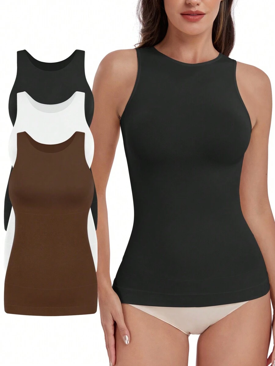 VVX Women Tummy Control Shapewear Tank Top Seamless Halter Neck Compression Tops Body Shaper Camisole - Black/White/Brown - View 1