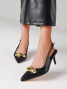 Metallic Stiletto Kitten Heels Shoes Metal Pointed Toe Back Strappy Pumps Sexy Elegant Party Dress Nightclub Women Pumps - 黑色 - 查看 5
