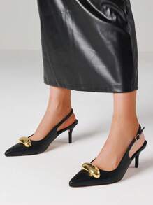Metallic Stiletto Kitten Heels Shoes Metal Pointed Toe Back Strappy Pumps Sexy Elegant Party Dress Nightclub Women Pumps - 黑色 - 查看 6
