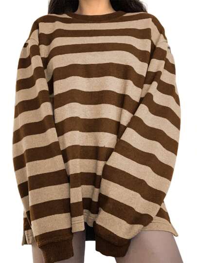 Womens Casual Long Sleeve Sweater Contrast Color Stripe Round Neck Loose Sweatshirt