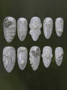 10pcs Y2K Cute Almond Shaped Short 3D Epoxy Silver Sparkling Bow Pearl Drill Bow Nail Art False Nails, Fit For Daily, Dating, Afternoon Tea, Outdoor Wear Press On Nails