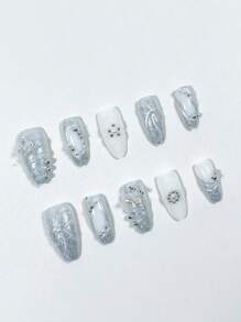 10pcs Y2K Cute Almond Shaped Short 3D Epoxy Silver Sparkling Bow Pearl Drill Bow Nail Art False Nails, Fit For Daily, Dating, Afternoon Tea, Outdoor Wear Press On Nails