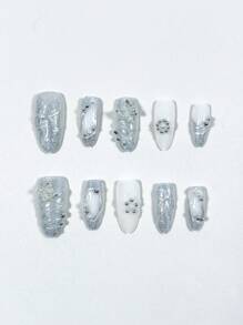 10pcs Y2K Cute Almond Shaped Short 3D Epoxy Silver Sparkling Bow Pearl Drill Bow Nail Art False Nails, Fit For Daily, Dating, Afternoon Tea, Outdoor Wear Press On Nails
