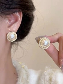 5 件/套简约复古人造珍珠心形花朵精美设计耳钉套装情人节