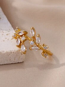 1 Stück exquisiter Zirkonia-Blatt-Ring für Frauen, verstellbarer Ring aus rostfreiem Stahl in Goldfarbe, Blätter-Design, Luxus-Modeschmuck Geschenk