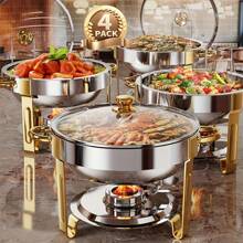 4 Sets Of Self-Service Hot Pot Sets, 5QT [95% Pre Installed] Circular Hot Pot Self-Service Set, With Glass Cover And Cover Rack, Stainless Steel Hot Pot Food Heater Tray, Suitable For Gatherings, Catering, Weddings, Christmas Parties And Celebrations - 4PCS Gold (no Assembly Required) - View 1