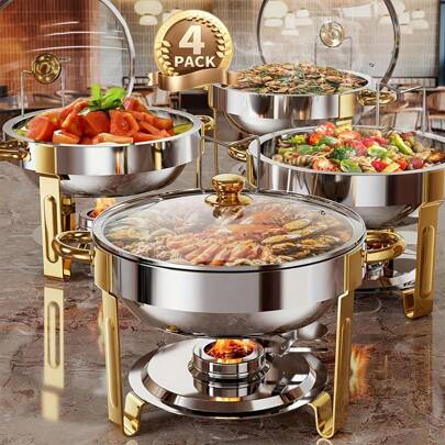 4 Sets Of Self-Service Hot Pot Sets, 5QT [95% Pre Installed] Circular Hot Pot Self-Service Set, With Glass Cover And Cover Rack, Stainless Steel Hot Pot Food Heater Tray, Suitable For Gatherings, Catering, Weddings, Christmas Parties And Celebrations