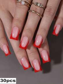 24/30 件杏仁形按压式指甲，圣诞红色法式短假指甲片，极简主义通勤，适合女孩和女士派对、礼物、办公室穿着，含 1 件果冻凝胶和 1 件指甲锉指甲用品指甲 - 酒紅色 - 查看 14