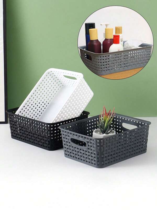 Black/White/Grey Plastic Hollow Edge, Woven Simple Storage And Finishing Storage Basket, Suitable For Household Items Kitchen Debris Storage.