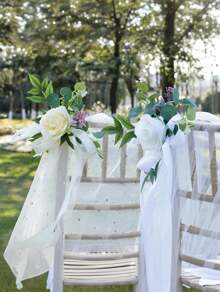 12/6PCS Wedding Aisle Chair Decorations Pew Flowers, Rose Floral Wedding Chair Back Flowers With Leaves And Ribbons,  Chair Bench Pew Flowers For Wedding Ceremony Decor - 白色 - 查看 5