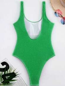Women's Solid Color Sports Swimsuit, Candy Color One-Piece Pleated Fabric Sexy Backless Swimwear Summer - 草綠 - 查看 4