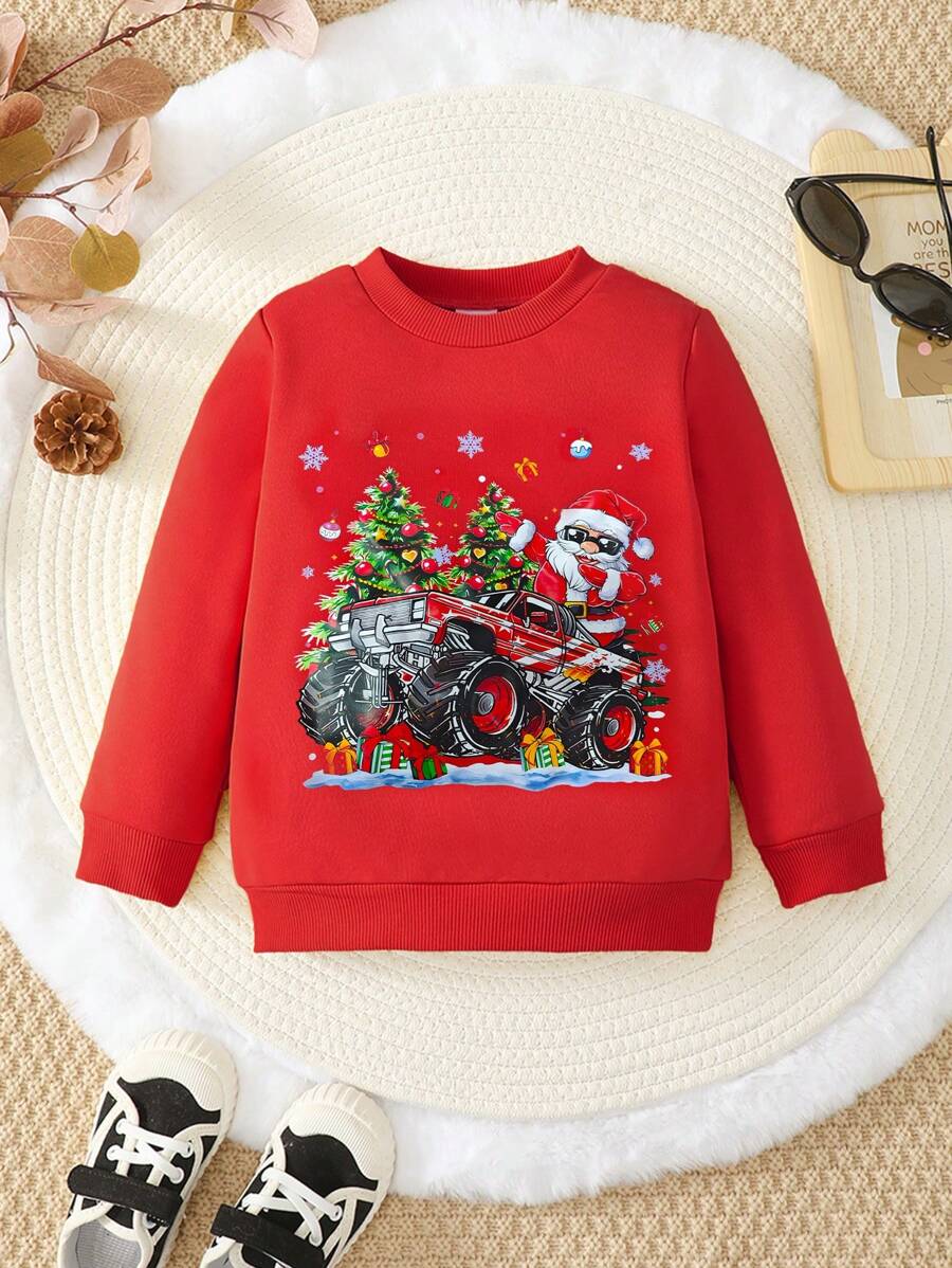 BrownBark 卡通圣诞老人、雪花、越野车和圣诞树图案套头衫，年轻男孩春秋装，完美的圣诞礼物