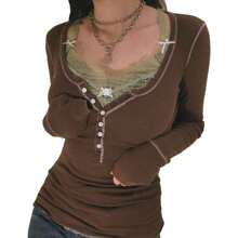 Long Sleeve Tops For Women Striped Button Up Tunic Shirts Loose Fit Sexy Henley Tee Blouses - 咖啡棕 - 查看 2