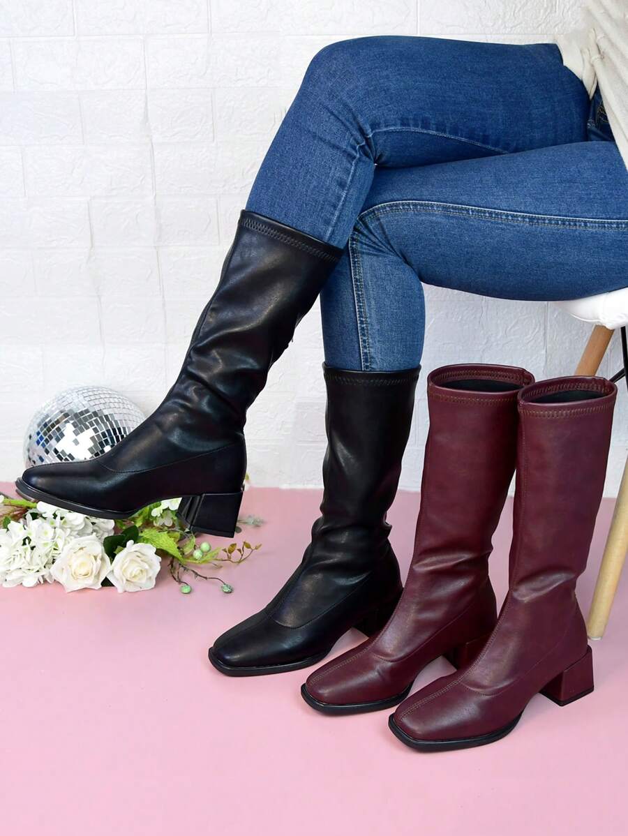 Women's Elegant Mid-Calf Boots, Thick Heel High Heels, Soft Casual Comfortable Minimalist Long Boots, Autumn/Winter - Burgundy - View 1
