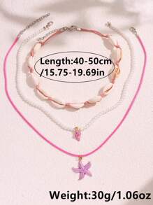 3pcs/Set Pink Starfish Shell Pendant Beaded Necklace, Beach & Ocean Themed Vacation Jewelry For Women