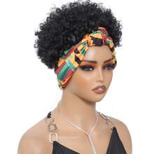 Curly Wigs For Women Headband Wig Half For Short Black Wig With Headband Attached Scarf Wigs With Stripe Turban Wrap Wig Short Kinky Deep Jerry Curly Hair Synthetic Wigs