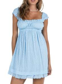 Women Summer Sleeveless Dress Floral Embroidery Loose Party A-Line Dress For Beach Club Streetwear - 藍色 - 查看 1