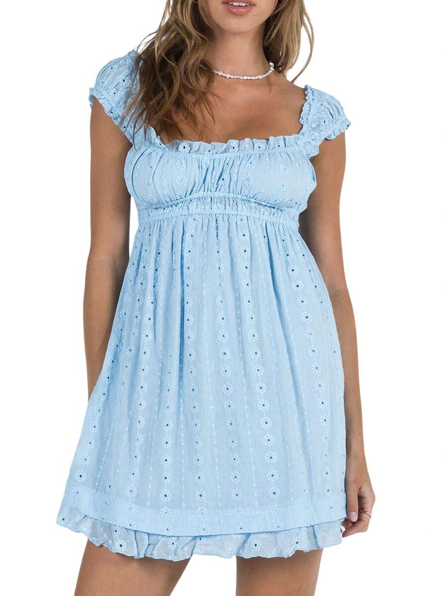 Women Summer Sleeveless Dress Floral Embroidery Loose Party A-Line Dress For Beach Club Streetwear - 藍色 - 查看 1