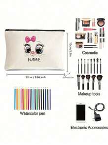 Custom DIY Pink Bow Big-Eyed Cat Canvas Makeup Bag, Multipurpose Zipper Pouch, Travel Toiletry Bag, Pencil Case, And Gift Bag, Ideal Personalized Gift For Couples, Friends, Family, And Teachers