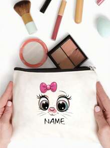 Custom DIY Pink Bow Big-Eyed Cat Canvas Makeup Bag, Multipurpose Zipper Pouch, Travel Toiletry Bag, Pencil Case, And Gift Bag, Ideal Personalized Gift For Couples, Friends, Family, And Teachers