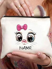 Custom DIY Pink Bow Big-Eyed Cat Canvas Makeup Bag, Multipurpose Zipper Pouch, Travel Toiletry Bag, Pencil Case, And Gift Bag, Ideal Personalized Gift For Couples, Friends, Family, And Teachers