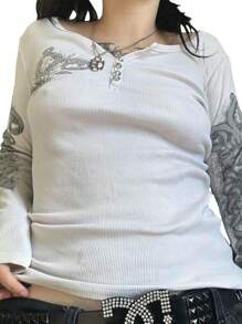 Women's Vintage Henley Tops Long Sleeve V Neck Wings Print Slim Fit T-Shirts Grunge Tops - 白色 - 查看 10
