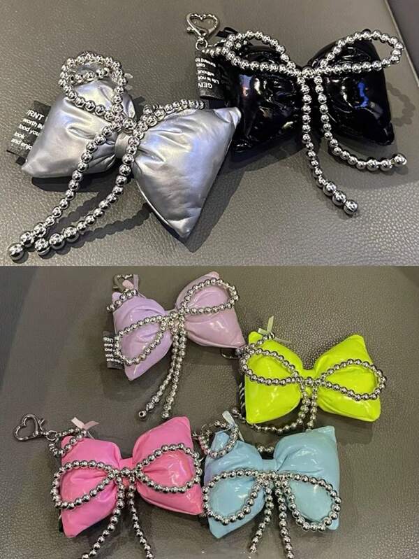1pc Faux Pearl String Feather Bow Decor, Heart Shape Metal Keychain Bag Charm, Silver Faux Pearl Beads Bow, Suitable For Daily Life Gathering Festival Gift Valentines