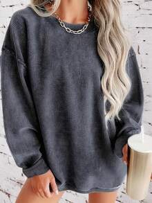 Plus Women's Solid Round Neck Sweatshirt - Grey - View 2