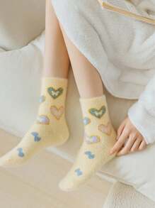 1/3 pares entrega aleatoria, Calcetines de cachemira con diseño lindo de nubes y corazones para mujer, hasta la pantorrilla