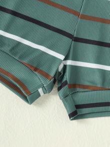 男婴罗纹服装套装，条纹上衣和松紧腰短裤，夏季装扮 - 軍綠色 - 查看 8