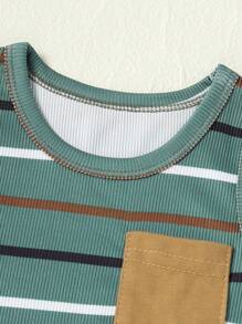 男婴罗纹服装套装，条纹上衣和松紧腰短裤，夏季装扮 - 軍綠色 - 查看 3