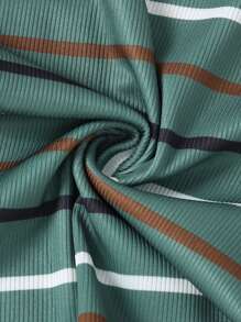 男婴罗纹服装套装，条纹上衣和松紧腰短裤，夏季装扮 - 軍綠色 - 查看 6