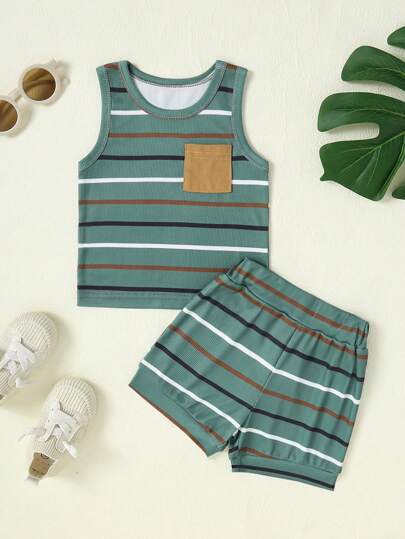 男婴罗纹服装套装，条纹上衣和松紧腰短裤，夏季装扮