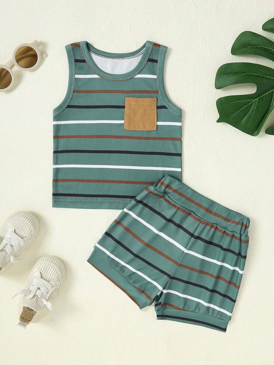 男婴罗纹服装套装，条纹上衣和松紧腰短裤，夏季装扮 - 軍綠色 - 查看 1