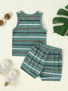 男婴罗纹服装套装，条纹上衣和松紧腰短裤，夏季装扮 - 軍綠色 - 查看 2