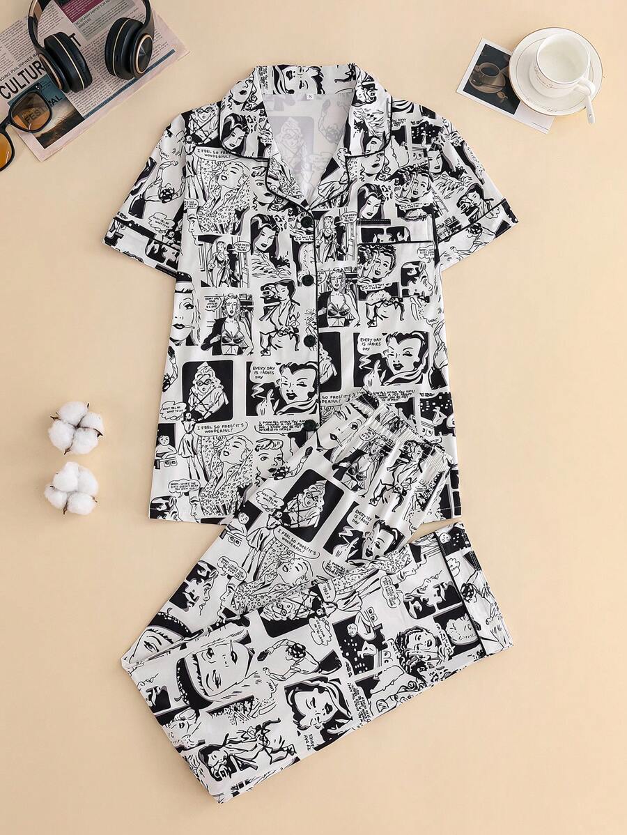 2 件套女士休闲短袖睡衣套装、翻领纽扣衬衫和宽松舒适裤、优雅女士睡衣和家居服、两件套 - 黑色 - 查看 1