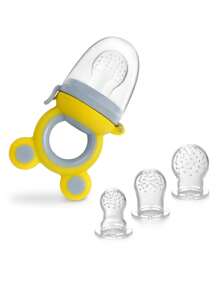 4 Stücke Baby Kleinkind Obst und Gemüse mit Griffen, perfekter Fütter-Ergänzungsnahrungsmittel-Halter mit 3 verschiedenen Größen an Saugeraufsätzen, cartoon Froschform Zahndurchbrecher