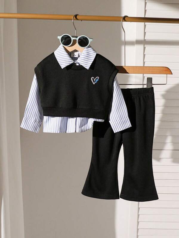 2pcs/Set Baby Girls Heart Embroidered Sleeveless Vest And Striped Long Sleeve Shirt With Flared Pants