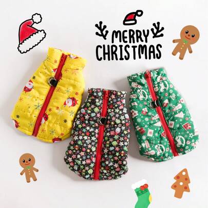 1pc Pet Windproof Insulated Vest, Suitable For 3-25kg Dogs Or Cats, Christmas Series Decoration Design, Autumn/Winter