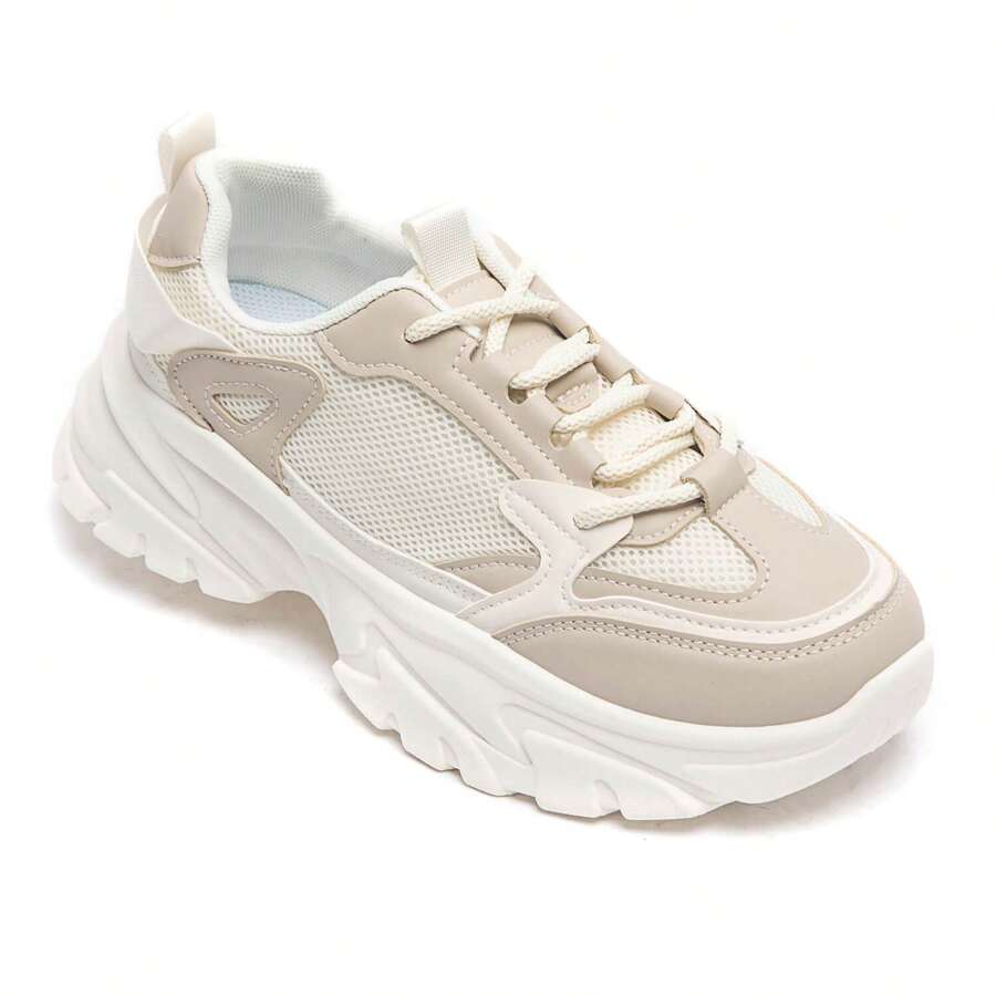 Flat Sneakers With Laces And Two-Tone Design - Beige - View 1