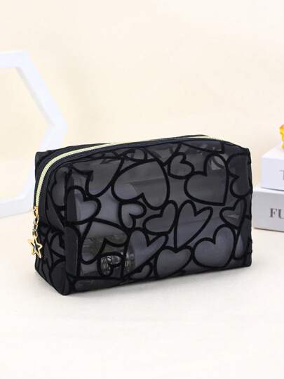 1pc Women Makeup Bag, Mesh Heart Flocked Decor, Fashionable & Minimalist Mesh Heart Design For Daily Use & Travel Makeup Travel Toiletry Organizer Clear Essentials Gifts Storage Zipper Accessories Nail Bags, Makeup Bag, Vanity, Makeup Organizers, Make Up Organizer, Organiser, Toiletry Bag, Desk Organiser, Cosmetic Bag, Makeup Pouch, Make Up Organize, Cosmetic Bag, Small Makeup Bag, Cosmetic Bag, Large Makeup Bag, Christmas Gifts, Pouch, Clutch / Small Handbag, Makeup Organizer, Pouch, Brush Holder, Mini Pouch, Large Capacity Pouch