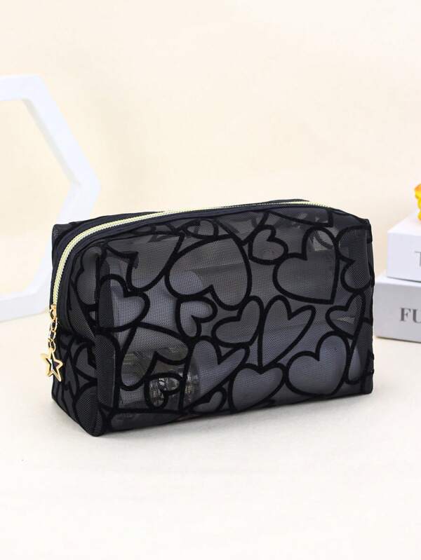 1 Peça Necessaire Feminina, Decoração com Coração de Tela, Design de Coração de Tela Moda e Minimalista, de Grande Capacidade, para Uso Diário e Organizador de Viagem de Maquiagem e Necessidades de Higiene, Presente Essencial, Zíper, Acessórios de Unhas