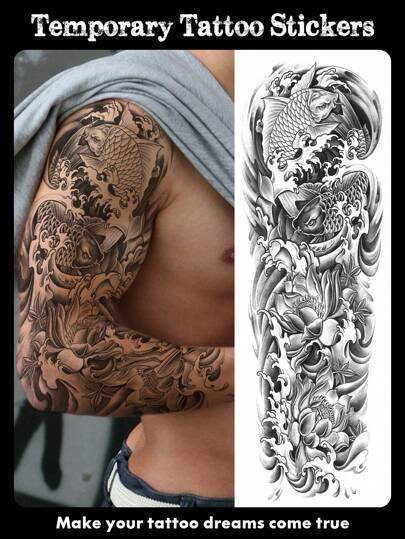 1 hoja de tatuajes temporales de talla extra grande para brazos completos, para hombres y mujeres, con diseños realistas de estilo tradicional japonés de carpa y loto, a prueba de agua, duran de 2 a 5 días, cubren cicatrices, se pueden usar en brazos, muñecas, hombros, piernas, cintura, cuello, manos, pecho, muslos y dedos, ideal para fiestas, parejas y mejores amigos.