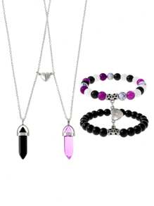 2 件项链 + 2 件手链手工首饰套装，心形设计由水晶珠和磁扣制成，适合女性、朋友、情侣 - 銀色 - 查看 5