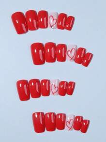 Valentine's Day Nail Art, 24pcs Set Short Square Heart-Shaped Red Nail Stickers With Rhinestone Design, Acrylic False Nails Kit, Includes: 1pc Jelly Gel And 1pc Nail File - Red - View 2