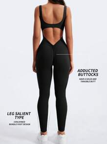 Yefecy 女式健身喇叭裤连体裤，高弹力运动连体裤，性感露背健身紧身臀部瑜伽连体裤 V 型后背 - 黑色 - 查看 4