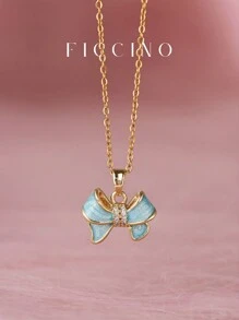 FICCINO 少女粉色蝴蝶结方晶锆石吊坠项链，配有可调节镀金钛钢 O 型链，是送给女孩和朋友的甜蜜珠宝礼物，情人节、妈妈、母亲、母亲节、礼物