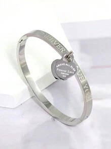 18K Gold Plated Stainless Steel Stackable Bangle Bracelet, Classic Hollow Roman Numeral & Heart Design, Fashionable European & American Casual, Party, Holiday Style Wrist Jewelry For Women, Birthday, Wedding, Best Friend, Valentine's Day Gift - Gold - View 9