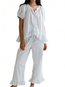 Women's 2 Piece Pajama Set Short Sleeve Button Up Plaid Tops Drawstring Pants Sleepwear Sets - Baby Blue - View 9