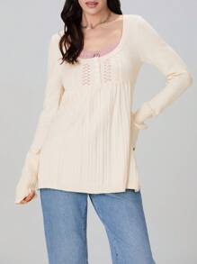 Women Autumn Knitted Tops Solid Color Long Sleeve Button Square Neck Tunic Blouse Sweaters - White - View 4